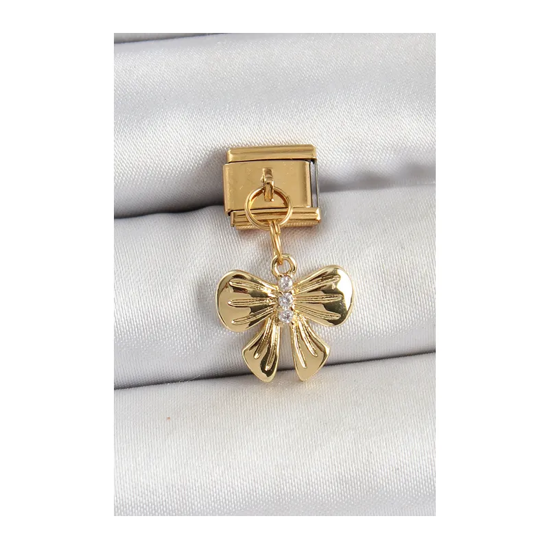 316L Çelik Sallantılı Zirkon Taşlı Fiyonk Model Gold Renk Nomination Charm
