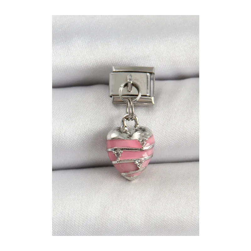 316L Çelik Gümüş Renk Pembe Kalp Model Nomination Charm