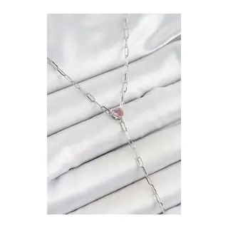 Pirinç Zirkon Taşlı Pembe Kalp Figürlü Y Model Gümüş Renk Kadın Kolye