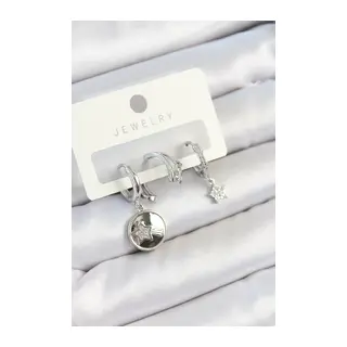 Pirinç Zirkon Taşlı Sallantılı Yıldız Model Gümüş Renk 3'lü Çift Kadın Küpe Set