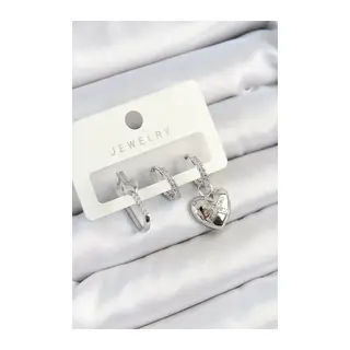 Pirinç Zirkon Taşlı Kalp Model Gümüş Renk 3'lü Çift Kadın Küpe Set