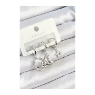 Pirinç Zirkon Taşlı Ay Ve Yıldız Model Gümüş Renk 3'lü Çift Kadın Küpe Set