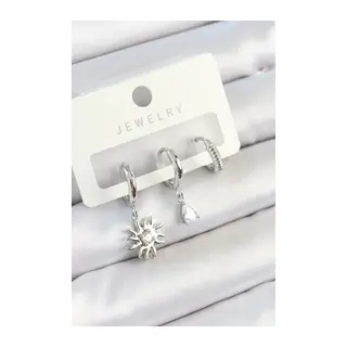Pirinç Zirkon Taşlı Güneş Model Gümüş Renk 3'lü Çift Kadın Küpe Set