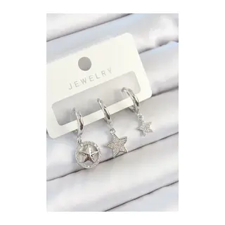 Pirinç Zirkon Taşlı Yıldız Model Gümüş Renk 3'lü Çift Kadın Küpe Set