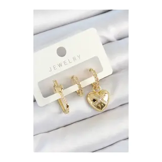 Pirinç Zirkon Taşlı Kalp Model Gold Renk 3'lü Çift Kadın Küpe Set