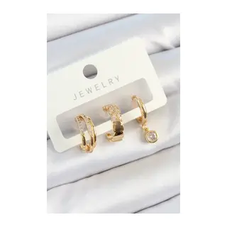 Pirinç Zirkon Taşlı Halka Model Gold Renk 3'lü Çift Kadın Küpe Set