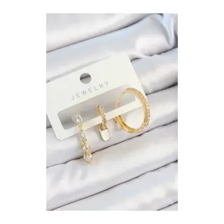 Pirinç Zirkon Taşlı Sallantılı Model Gold Renk 3'lü Çift Kadın Küpe Set
