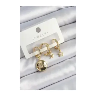 Pirinç Zirkon Taşlı Yıldız Ve Ay Model Gold Renk 3'lü Çift Kadın Küpe Set