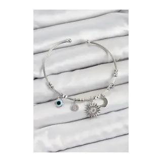 Pirinç Zirkon Taşlı Güneş Ay Ve Nazar Model Gümüş Renk Charm Bileklik