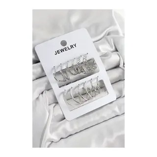 Pirinç Karışık Halka Model Gümüş Renk 6 Çift Kadın Küpe Set