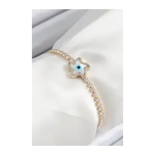 Pirinç Zirkon Taşlı Nazar Yıldız Model Gold Renk Asansörlü Kadın Bileklik