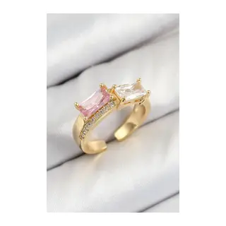 Pirinç Zirkon Taşlı Dikdörtgen Model Gold Renk Kadın Yüzük