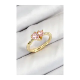 Pirinç Zirkon Taşlı Pembe Kalp Model Gold Renk Kadın Yüzük