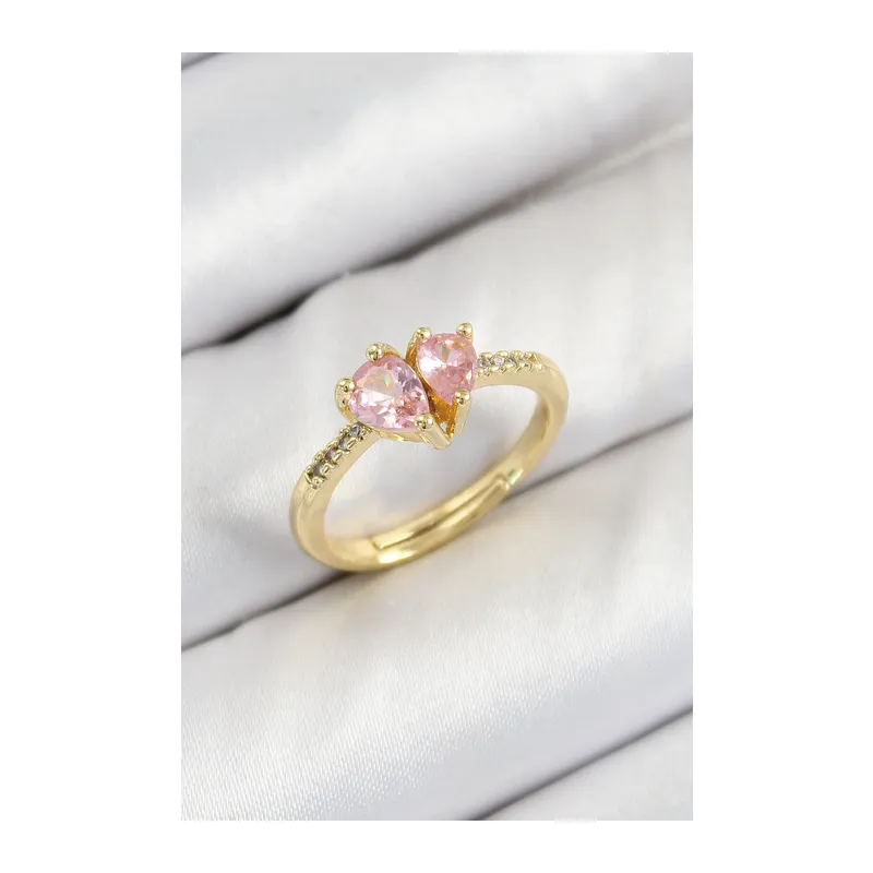 Pirinç Zirkon Taşlı Pembe Kalp Model Gold Renk Kadın Yüzük