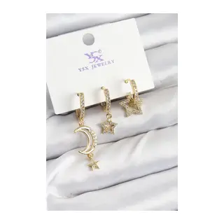 Pirinç Zİrkon Taşlı Ay Ve Hilal Model Gold Renk 3'lü Kadın Küpe