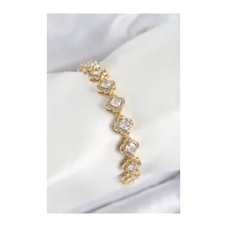 Pirinç Zirkon Taşlı Yonca Baget Model Gold Renk VIP Seri Kadın Bileklik