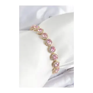 Pirinç Pembe Zirkon Taşlı Daire Baget Model Gold Renk VIP Seri Kadın Bileklik