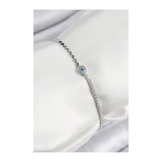 Pirinç Zirkon Taşlı Nazar Model Ezme Zincir Gümüş Renk Kadın Bileklik