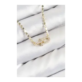 Pirinç Zirkon Taşlı Tifany Model Ezme Zincir Gold Renk Kadın Kolye
