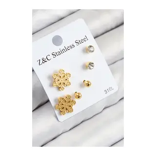 316L Çelik Zirkon Taşlı Kar Tanesi Model Gold Renk Kadın Set Küpe
