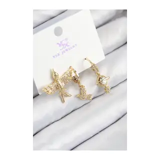 Pirinç Zirkon Taşlı 3'lü Kuş Model Gold Renk Kadın Küpe