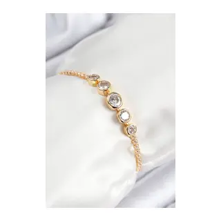Pirinç Zirkon Taşlı Sıralı Daire Model Gold Renk Asansörlü Kadın Bileklik