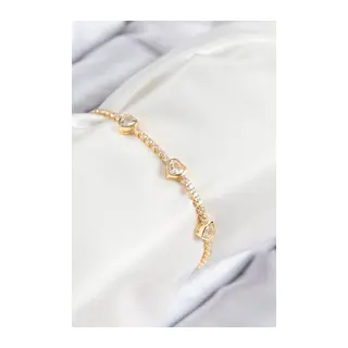 Pirinç Zirkon Taşlı Sıralı Kalp Model Gold Renk Kadın Bileklik