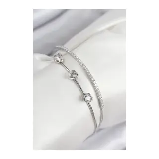 Pirinç Zirkon Taşlı Kalp Model Gümüş Renk Kadın Bileklik