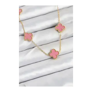 316L Çelik Zincir Gold Pembe Renk Yonca Kadın Kolye
