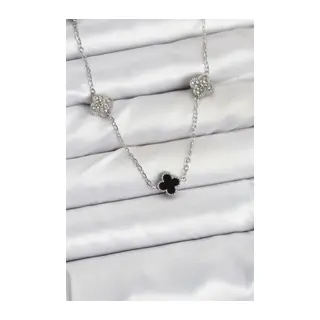316L Çelik Zincir Gümüş Renk Siyah ve Zirkon Taşlı Baby Boy Yonca Kadın Kolye