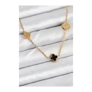 316L Çelik Zincir Gold Renk Siyah ve Zirkon Taşlı Baby Boy Yonca Kadın Kolye