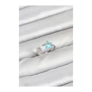 Pirinç Gümüş Renk Mavi Yıldızlı Model Kadın Yüzük