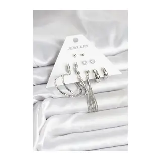 Gümüş Renk Pirinç 6 Çiftli Kadın Küpe Seti