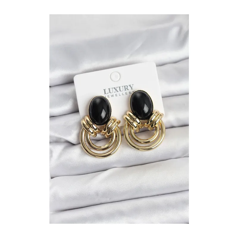 Pirinç Gold Renk Siyah Taşlı Vintage Kadın Küpe