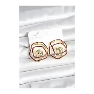 Pirinç Gold Renk Bordo Mineli Geometrik Gül Model Kadın Küpe
