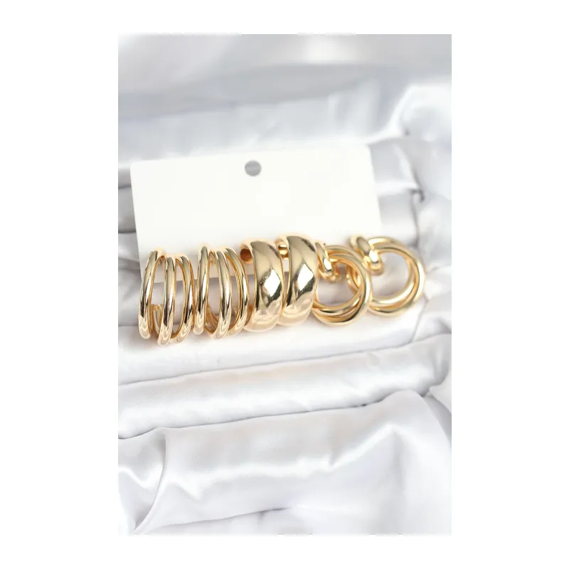 Pirinç Gold Renk 3 Çift Vintage Kadın Küpe Seti