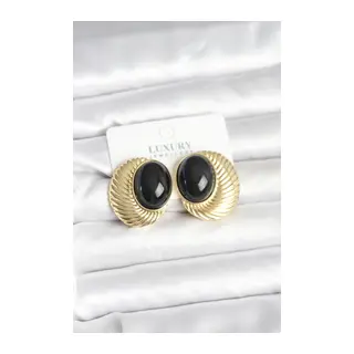 Pirinç Gold Renk Siyah Boncuklu Oval Vintage Kadın Küpe
