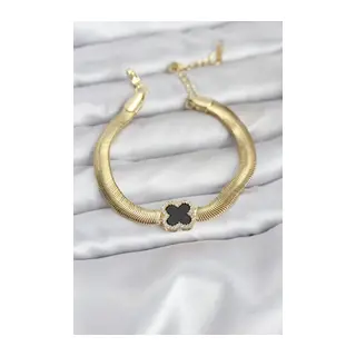 316L Çelik Gold Renk Siyah Yonca Model Zirkon Taşlı Yılan Zincirli Kadın Bileklik