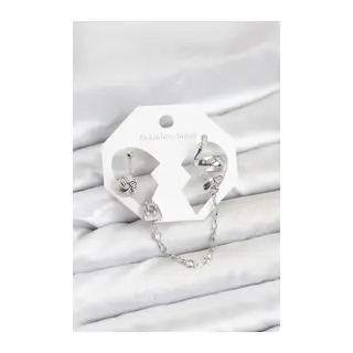 Pirinç Gümüş Renk Yılan Model Zincir Bağlantılı Ear Cuff Küpe Seti