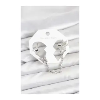 Pirinç Gümüş Renk Kelebek Model Zincir Bağlantılı Ear Cuff Küpe Seti