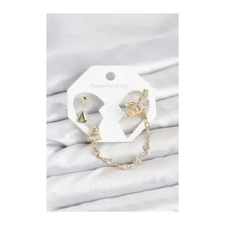 Pirinç Gold Renk Yıldızlı Model Zincir Bağlantılı Ear Cuff Küpe Seti