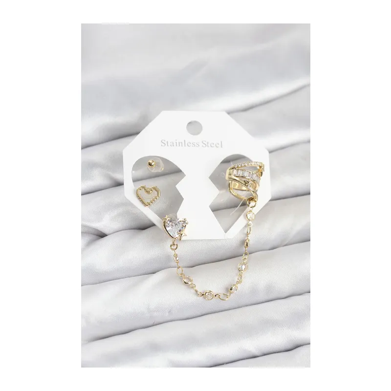Pirinç Gold Renk Kalp Model Zincir Bağlantılı Ear Cuff Küpe Seti
