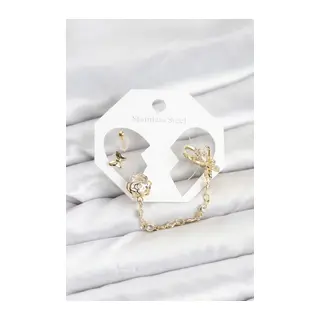 Pirinç Gold Renk Kelebekli Model Zincir Bağlantılı Ear Cuff Küpe Seti