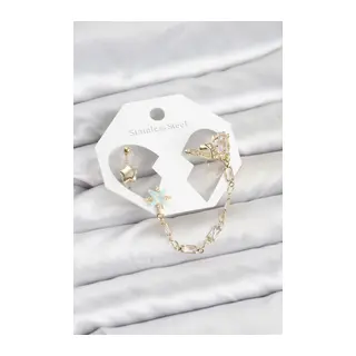 Yıldız Model Pirinç Gold Renk Zincir Bağlantılı Ear Cuff Küpe Seti