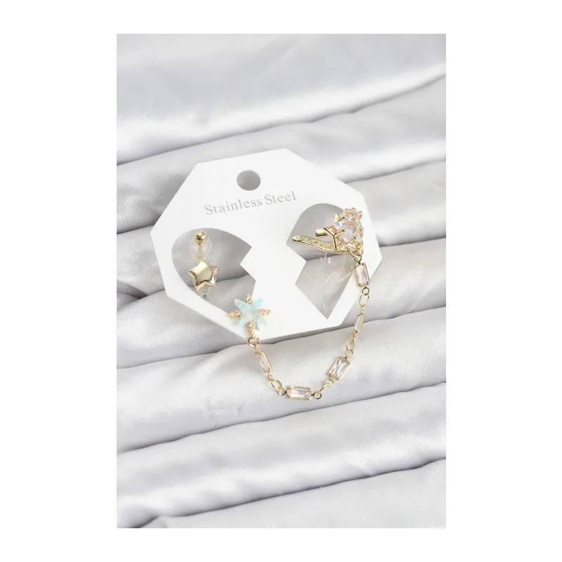Yıldız Model Pirinç Gold Renk Zincir Bağlantılı Ear Cuff Küpe Seti
