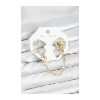 Uzay Model Pirinç Gold Renk Zincir Bağlantılı Ear Cuff Küpe Seti