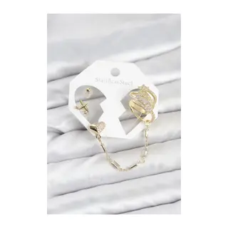 Kalp Yıldız Model Pirinç Gold Renk Zincir Bağlantılı Ear Cuff Küpe Seti