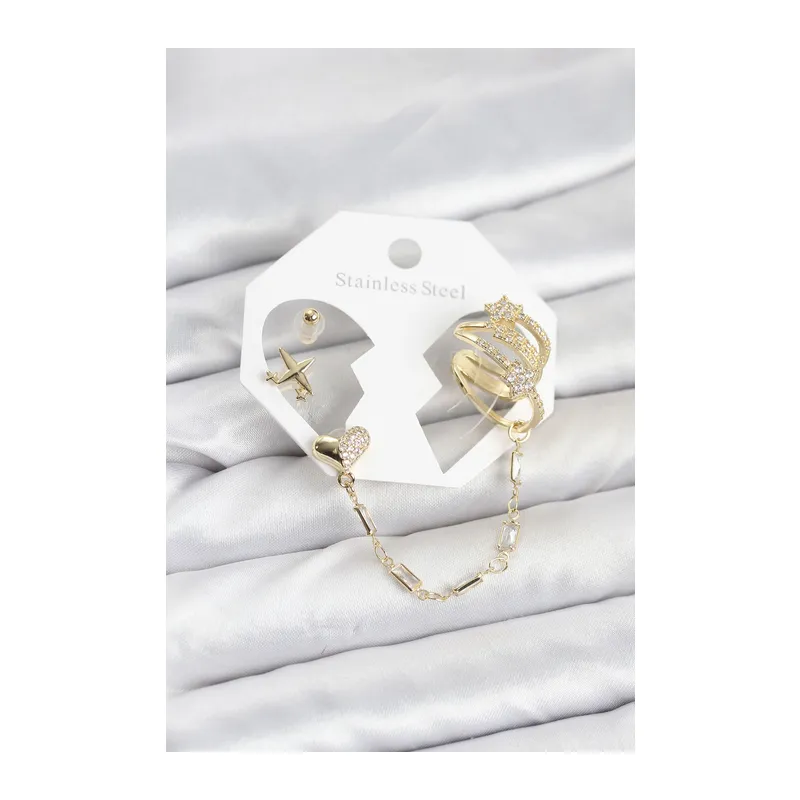 Kalp Yıldız Model Pirinç Gold Renk Zincir Bağlantılı Ear Cuff Küpe Seti