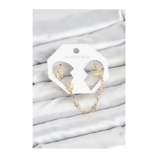 Kelebek Model Pirinç Gold Renk Zincir Bağlantılı Ear Cuff Küpe Seti