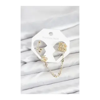 Kiraz Model Pirinç Gold Renk Zincir Bağlantılı Ear Cuff Küpe Seti